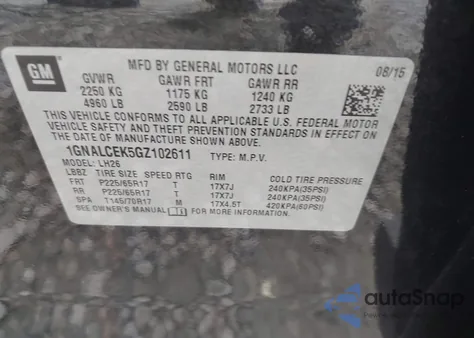 2016 Chevrolet Equinox Lt z USA, uszkodzony, nr VIN 1GNALCEK5GZ102611